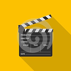 Film clapper board icon on yellow background with shadow. Blank movie clapper cinema