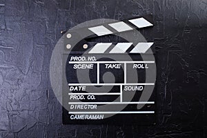 Film clappers boards on black background. Blank movie clapper cinema