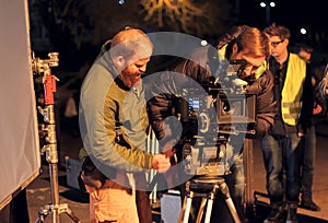 Film Crew Night Shoot. Cinematographer With 4k Arri Alexa Camera