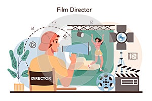 Film director concept. Movie director leading a filming process.