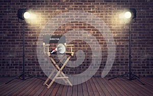 Film director`s chair with megaphone and spotlights. 3D renderin