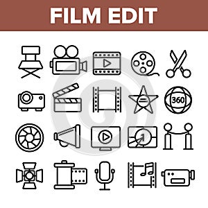 Film Edit, Filmmaking Linear Vector Icons Set