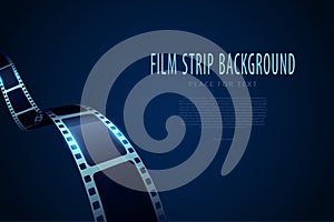 Film festival poster. Movie theater reel and film strip. Template for movie banner or poster in blue colors. Movie time and