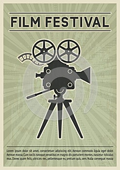 Film festival poster. Retro movie camera black silhouette
