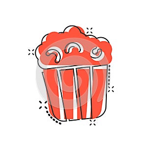 Film icon in comic style. Popcorn cartoon vector illustration on white isolated background. Pop corn bucket splash effect business