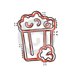 Film icon in comic style. Popcorn cartoon vector illustration on white isolated background. Pop corn bucket splash effect business