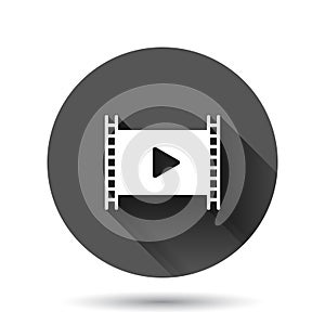 Film icon in flat style. Movie vector illustration on black round background with long shadow effect. Play video circle button