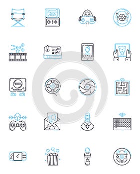 Film and music industry linear icons set. Soundtrack, Score, Blockbuster, Remix, Streaming, Vinyl, Boxoffice line vector