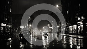 Film noir monochrome image of a rainy city street at night with cars on the and people walking past lamp lit shops and