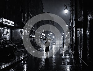 Film noir monochrome image of a rainy city street at night with a man with an umbrella in silhouette walking past parked