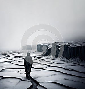 film noire man with a rain coat walking on cracked ground appearing from the fog, solitude concept