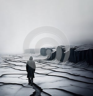 film noire man with a rain coat walking on cracked ground appearing from the fog, solitude concept photo