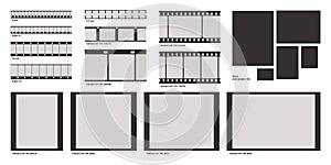 Film photo frame. Negative photography strip. Vintage movie and video border template. Retro cinema filmstrip. Black and white