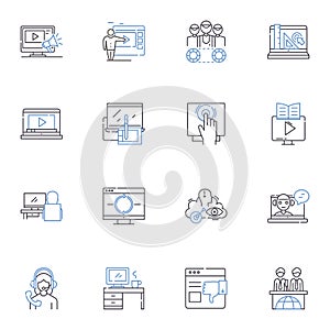 Film production line icons collection. Cinematography, Pre-production, Scriptwriting, Post-production, Directing