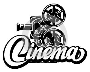 Film projector in retro style with calligraphic inscription Cinema. Vector monochrome illustration. Editable template for design