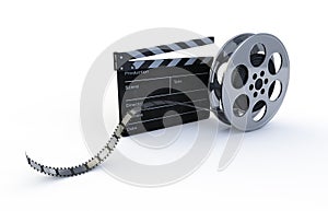 Film reel and cinema clap isolated on a white surface background