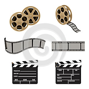 Film reel and clapper board symbols of filmmaking footage