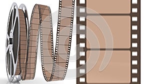 Film reel and filmstrip rolling at the screen with cinema bobbin on the white