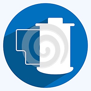 Film Reel Icon in trendy long shadow style isolated on soft blue background