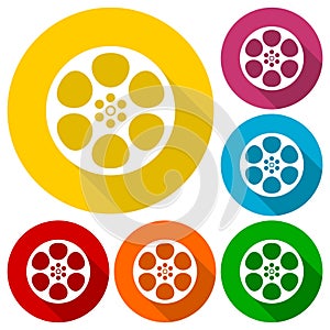 Film reel icons set with long shadow