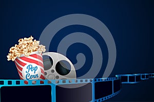 Film reel, popcorn, film strips in waveform. Modern cinema background. Design template can be used for advertising, brochure,