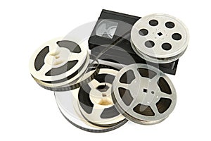 Film reel and videotape isolated on white background