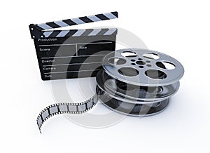 Film reels and cinema clap isolated on a white surface background