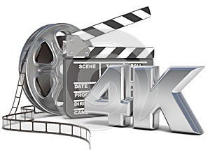 Film reels and movie clapper board. 4K video icon. 3D render