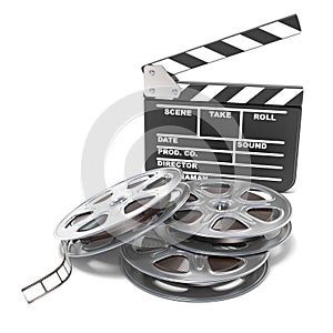 Film reels and movie clapper board. Video icon. 3D render