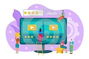 Film review concept vector illustration. People vloggers rating films, giving positive feedback to best movies. Ranking