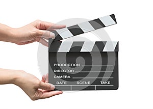 Film slate board or cinema act clapperboard on womanâ€™s hand with take, action, scence blank copyspace isolated