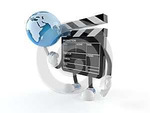 Film slate character with world globe