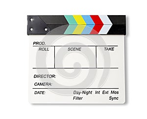 The Film slate or Flying clapperboard isolated on white background. Saved clipping path