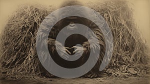 Film Still: A Gorilla Amidst A Hay Pile In Tintype Photography Style