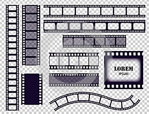 Film strip collection. Cinema border tapes or photo negative isolated on transparent background. Monochrome film stripes