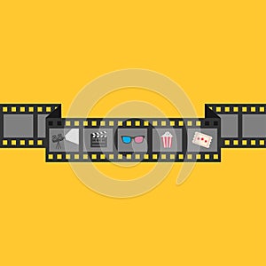 Film strip icon set. Popcorn, clapper board, 3D glasses, ticket, projector. Cinema movie night. Flat design style. Yellow backgrou