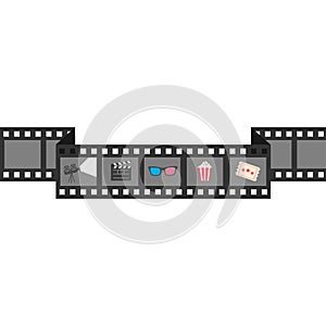 Film strip icon set. Popcorn, clapper board, 3D glasses, ticket, projector. Cinema movie night. White background. Isolated. Flat