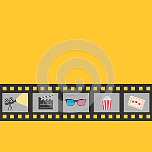 Film strip icon set. Popcorn, clapper board, 3D glasses, ticket, projector. Cinema movie night. Yellow background. Flat design sty