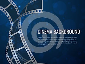 Film strip roll poster. Movie production with realistic blank negative film frames and text. Vector cinema background