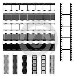 Film strip set. Cinema strip roll 35mm blank slide frame, photo video monochrome picture negative vintage media filmstrip, vector