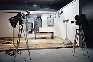 Film studio with cameras and movie equipment