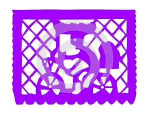 A Mexican perforated paper or pecked paper with skull riding a bicycle holding a basket with bread. photo