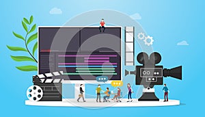 Film video production concept with team people and camera editing with team people with flat modern style - vector