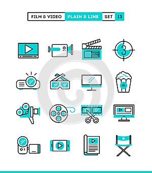 Film, video, shooting, editing and more. Plain and line icons se