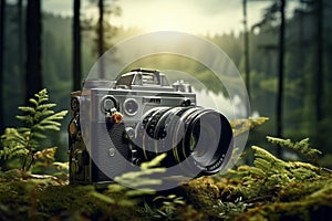 Filmic scenery Camera against nature background with ample copy space photo