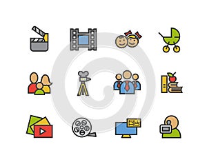 Filming color icons set. Movie clapperboard, video film, play button, videographer, children. Logo concepts. Vector photo