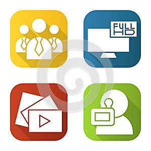 Filming flat long shadow icons set. Men in ties, video play button, Full HD television, videographer. Isolated vector photo