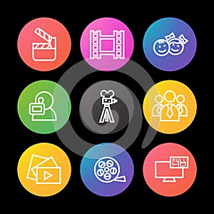 Filming linear icons set. Movie clapperboard, video film, play button, videographer, children. Smart watch UI style. photo