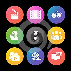 Filming silhouette icons set. Movie clapperboard, video film, play button, videographer, children. Smart watch UI style. photo