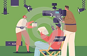 Filmmakers Meticulously Orchestrate Scenes, Utilizing Lighting, Sound, And Camera Angles In A Studio Vector Illustration